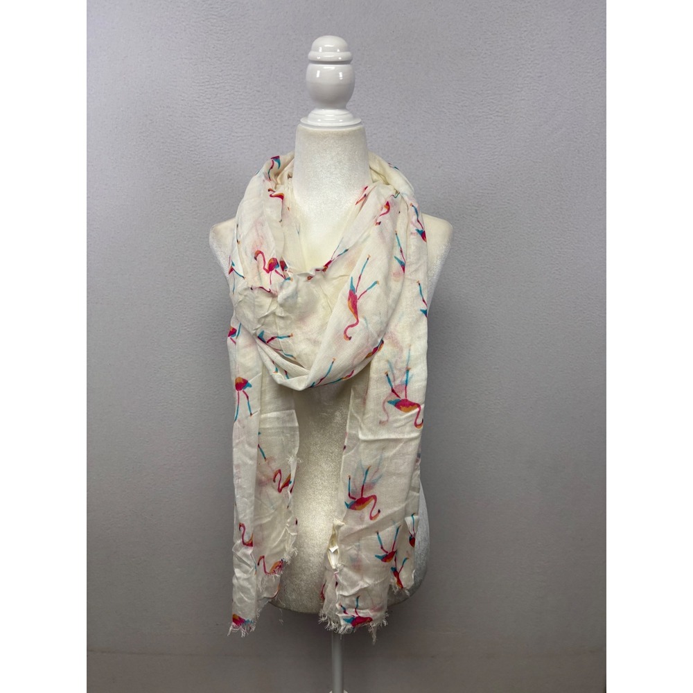 Tropical Boho Printed Village Womens OS Cream Pink Flamingo Viscose Scarf Wrap